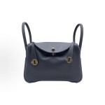 HERMES爱马仕 Lindy 26 金扣 手提包 26 女款 3Y Caban 黑呢色/水兵蓝